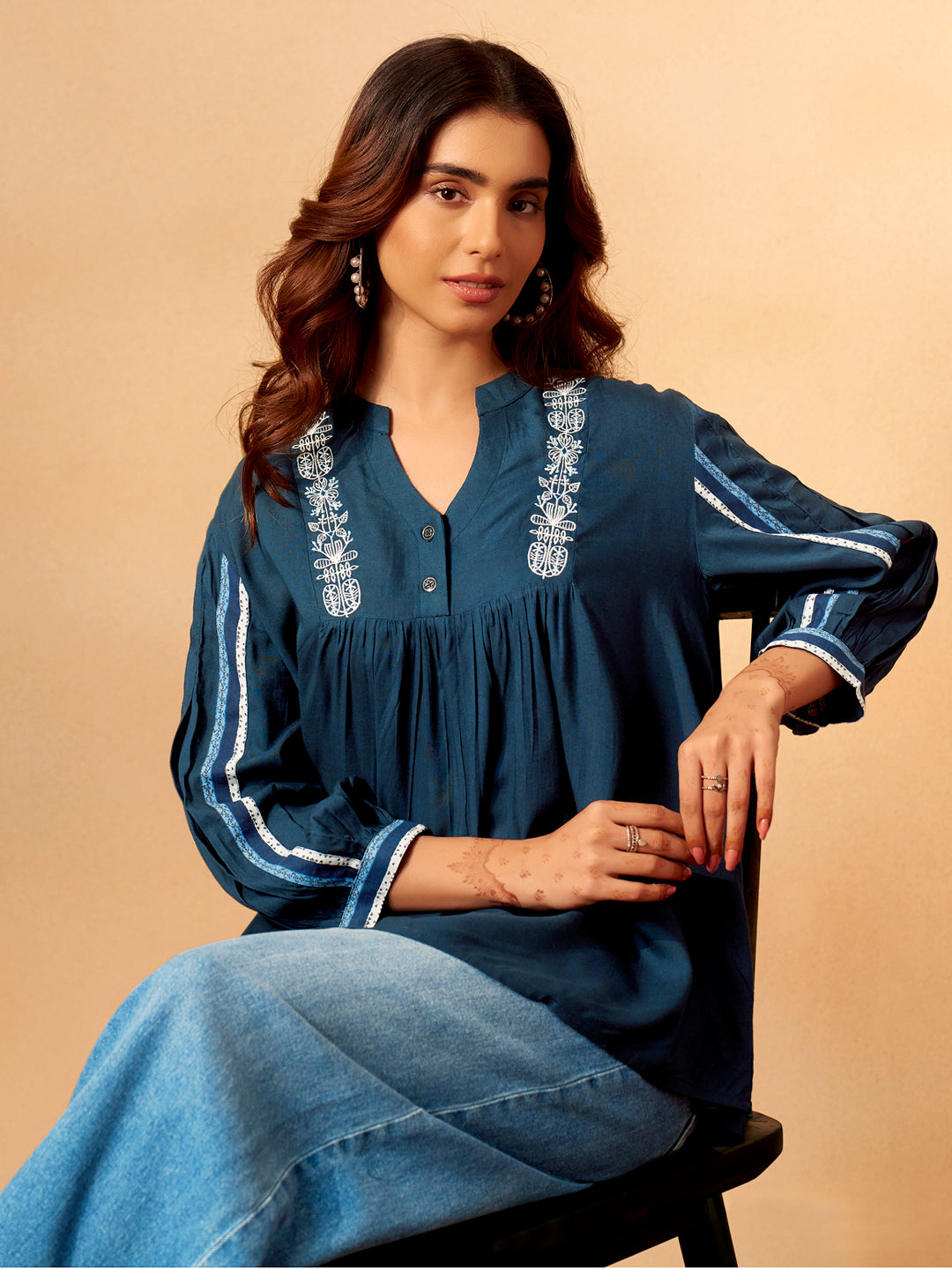 Classic Blue Rayon Slub Comfort Fit Top