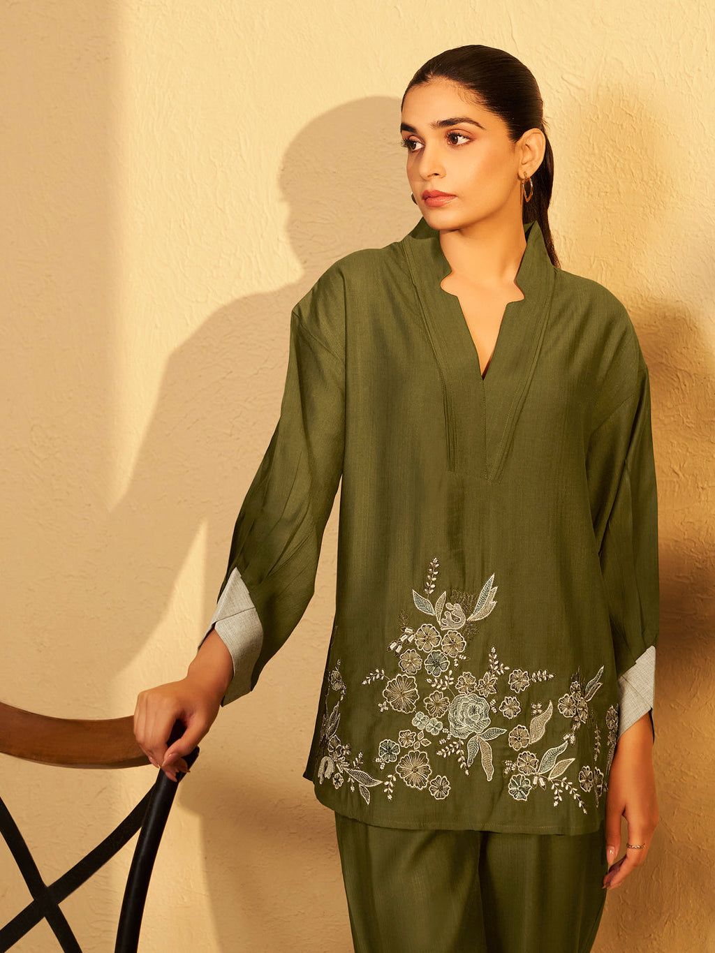 Olive Bloom Embroidered Cotton Co-ord Set