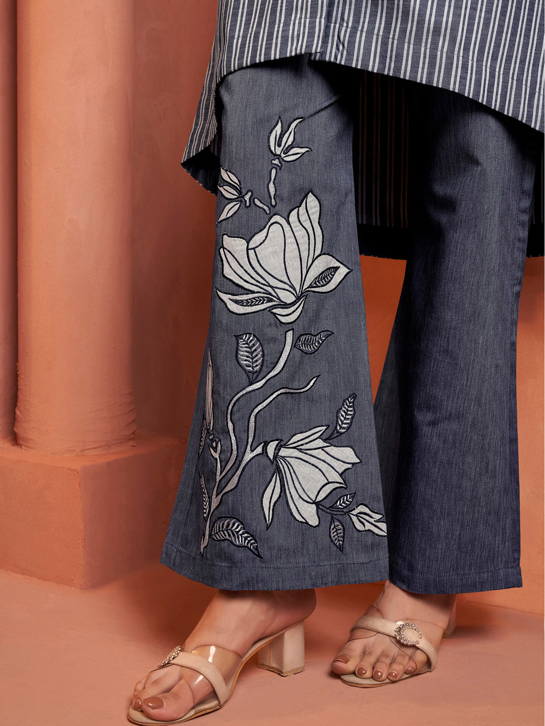 Blue Striped Embroidered Cotton Kurta Set