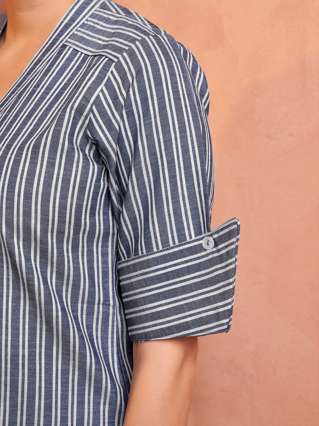 Blue Striped Embroidered Cotton Kurta Set