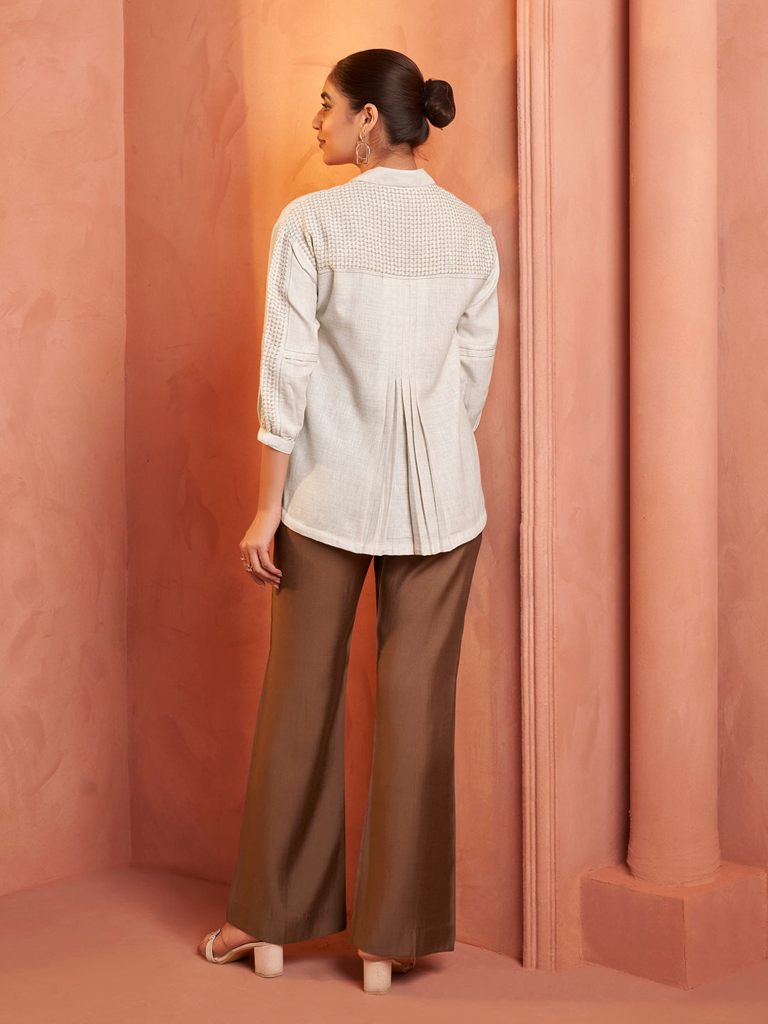 Beige Textured Embroidered Shirt