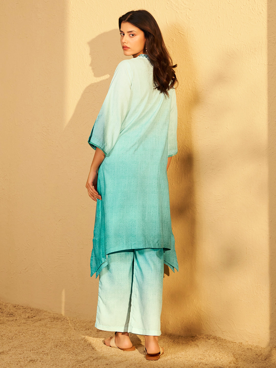 Aqua Blue Ombre Embroidered Kurta Set