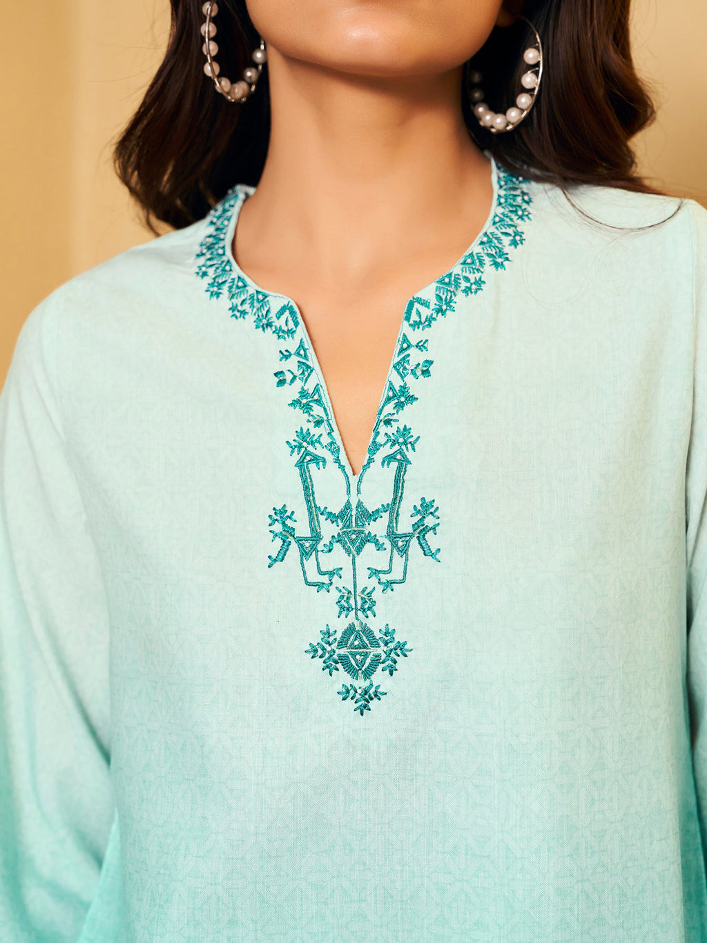 Aqua Blue Ombre Embroidered Kurta Set