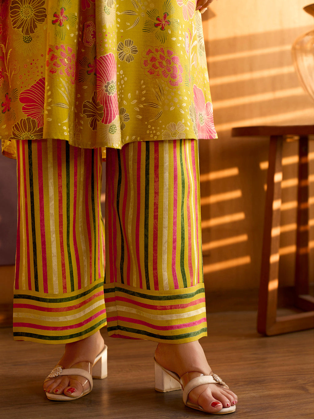 Yellow Floral Printed Cotton Kurta Set