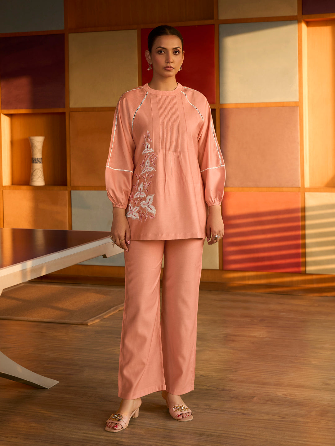 Peach Floral Embroidered Satin Co-ord Set