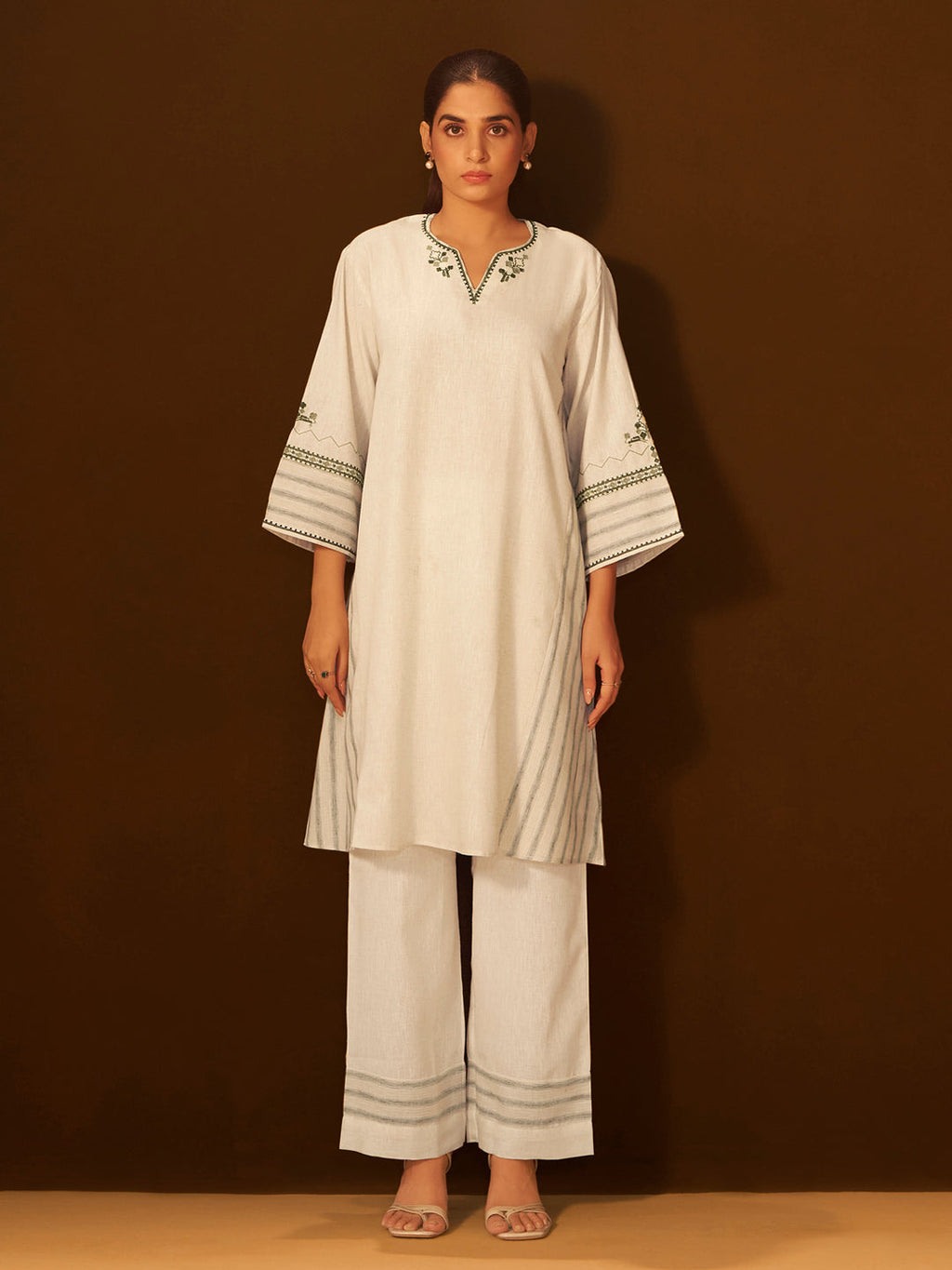 White and Green Embroidered Cotton Kurta Set