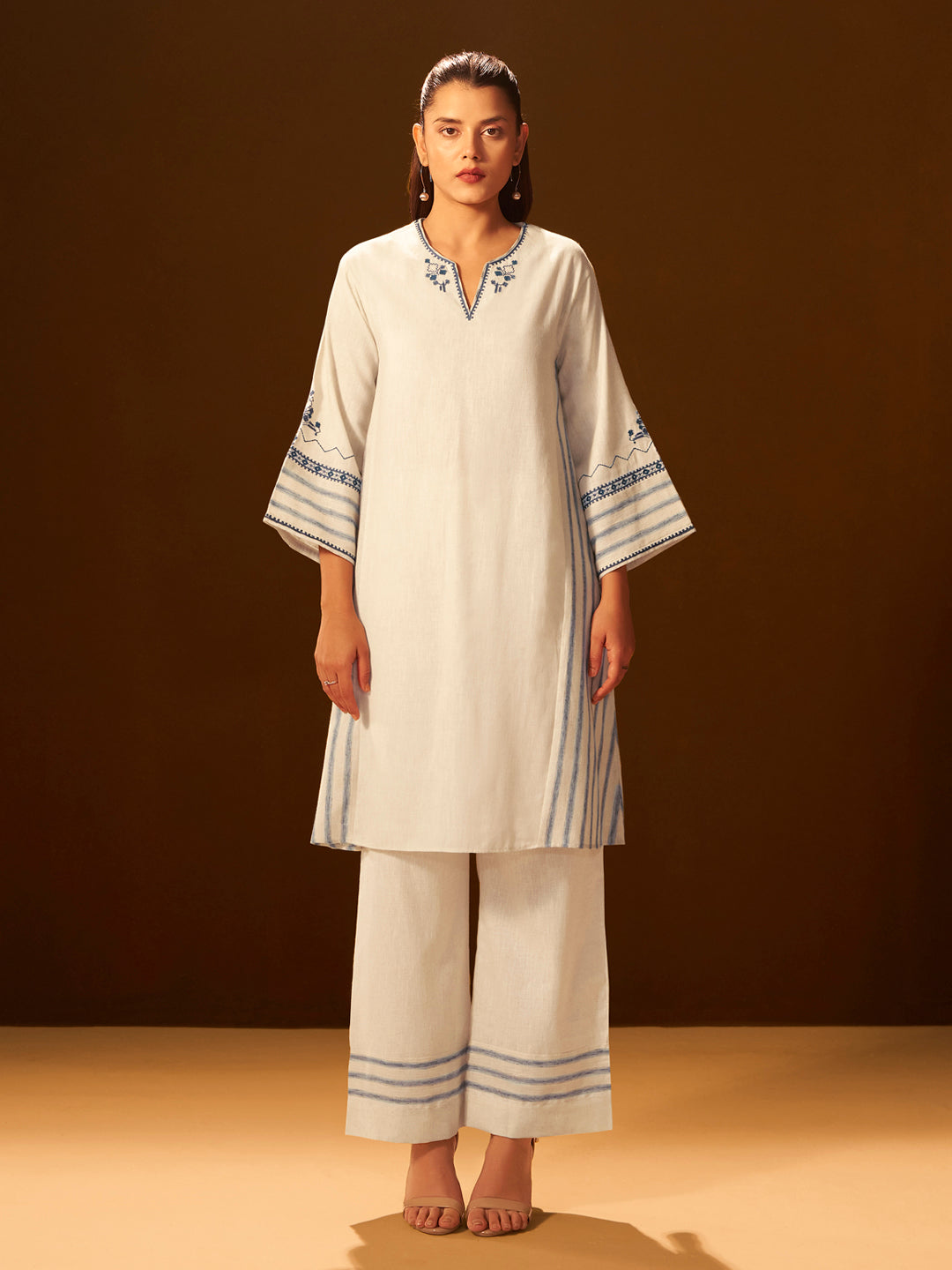 White and Blue Embroidered Cotton Kurta Set
