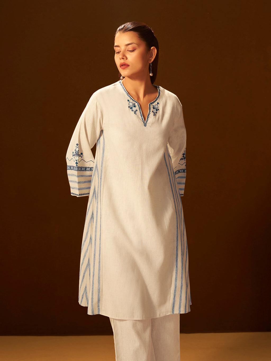 White and Blue Embroidered Cotton Kurta Set