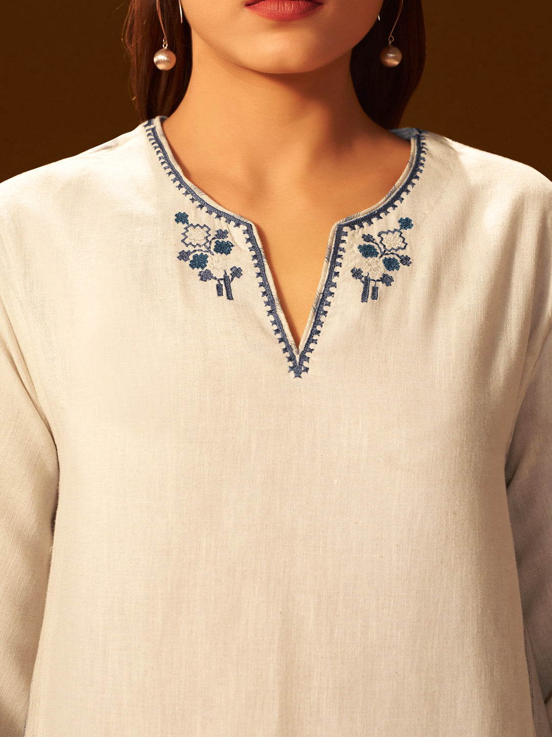 White and Blue Embroidered Cotton Kurta Set