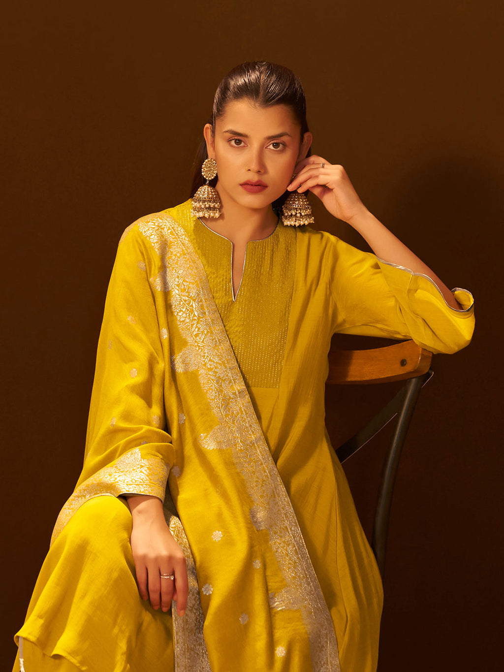Mustard Chanderi Silk Suit Set with Banarasi Dupatta