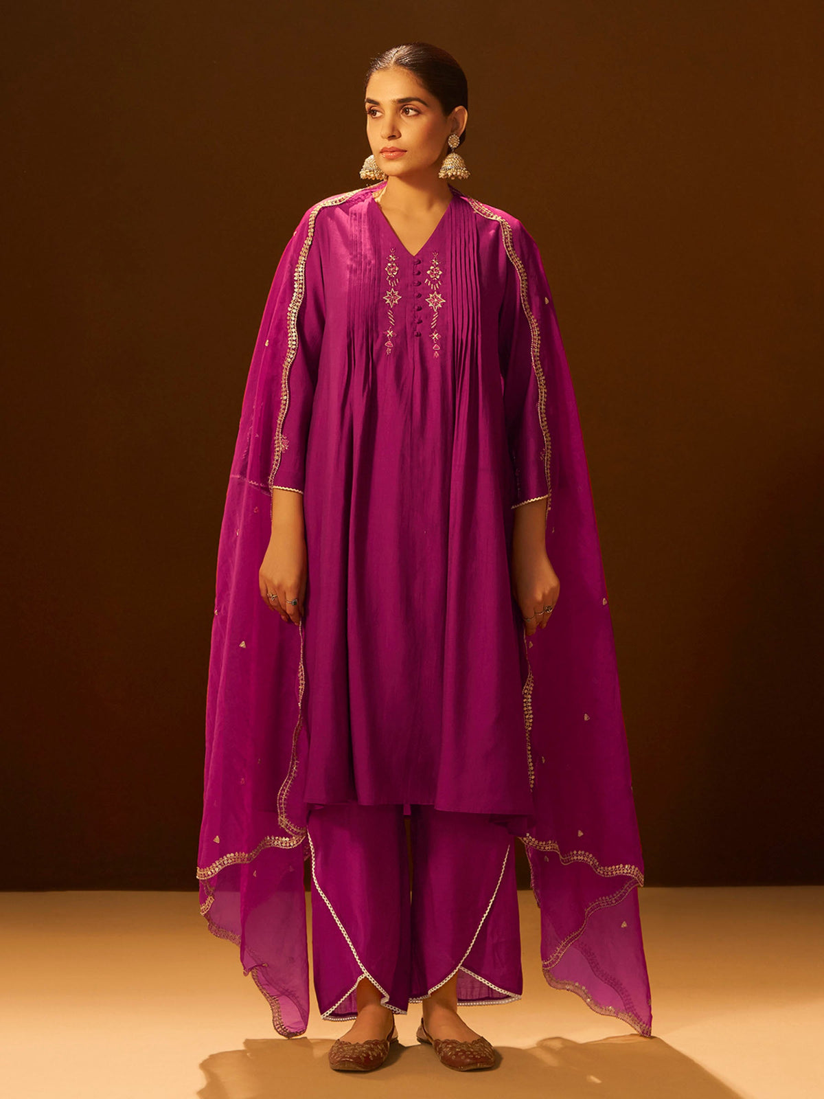 Mauve-Pink Embroidered Suit Set with Dupatta
