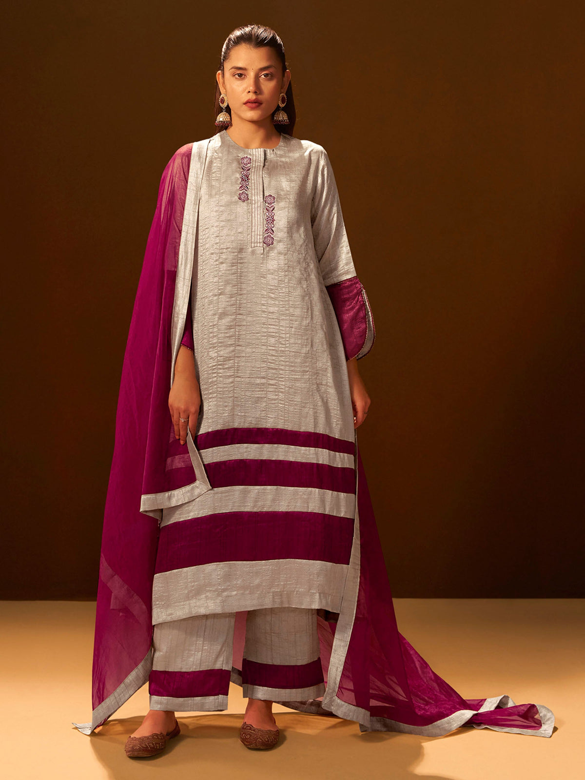Regal Beige & Maroon Embroidered Silk Suit Set with Dupatta