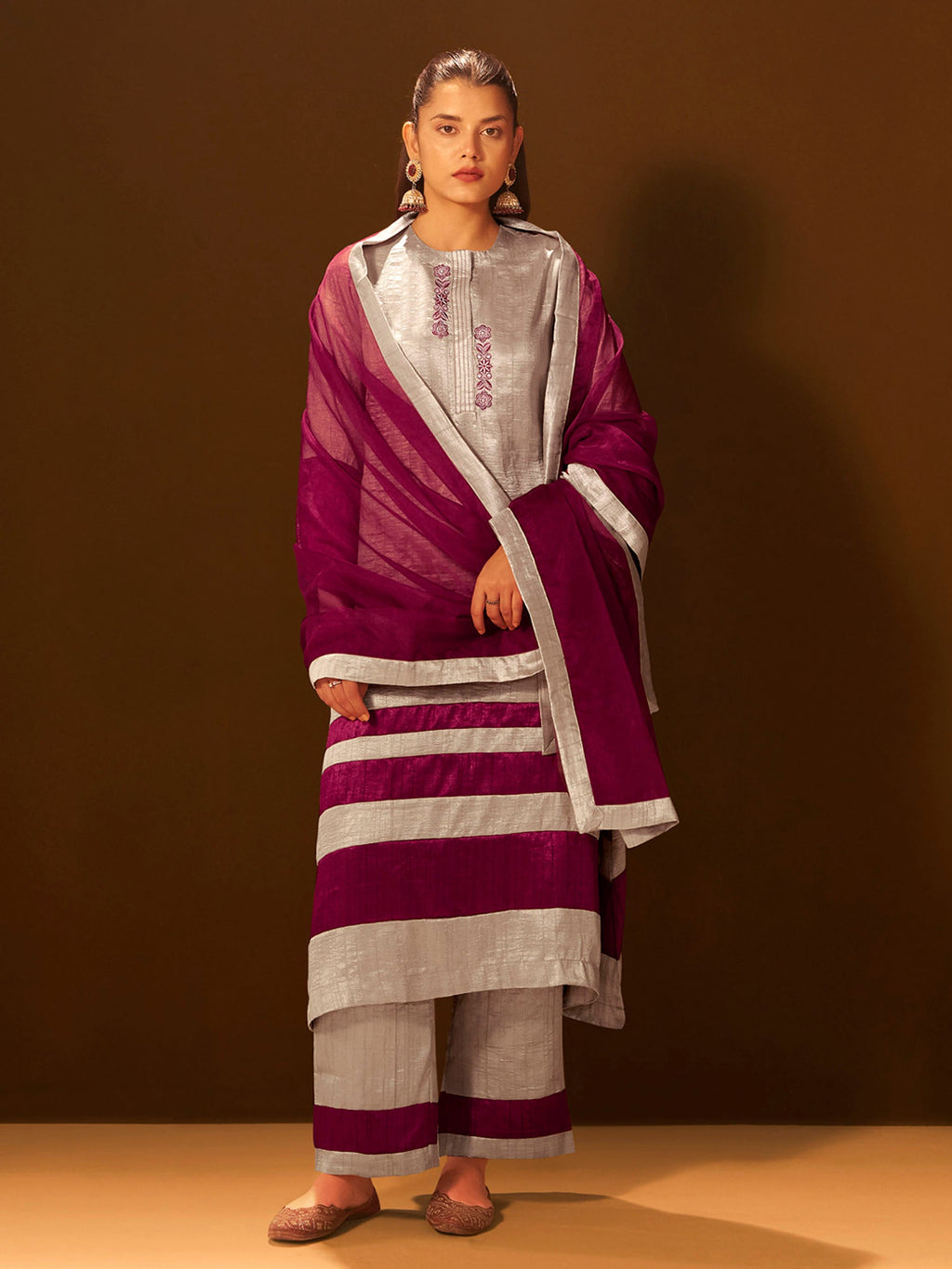 Regal Beige & Maroon Embroidered Silk Suit Set with Dupatta