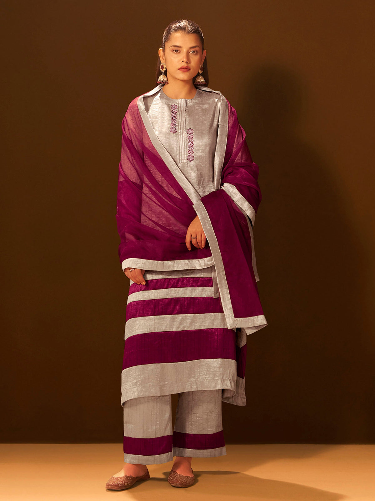 Regal Beige & Maroon Embroidered Silk Suit Set with Dupatta