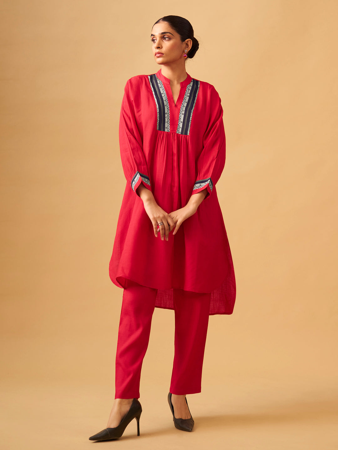Bold Red Rayon Slub Contemporary Kurta Set