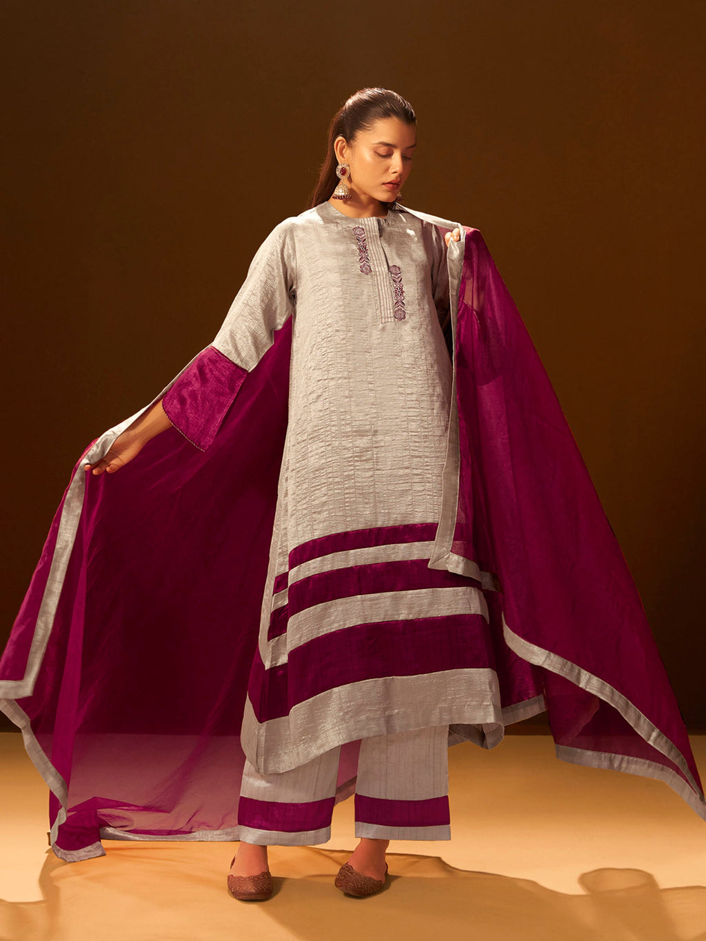 Regal Beige & Maroon Embroidered Silk Suit Set with Dupatta