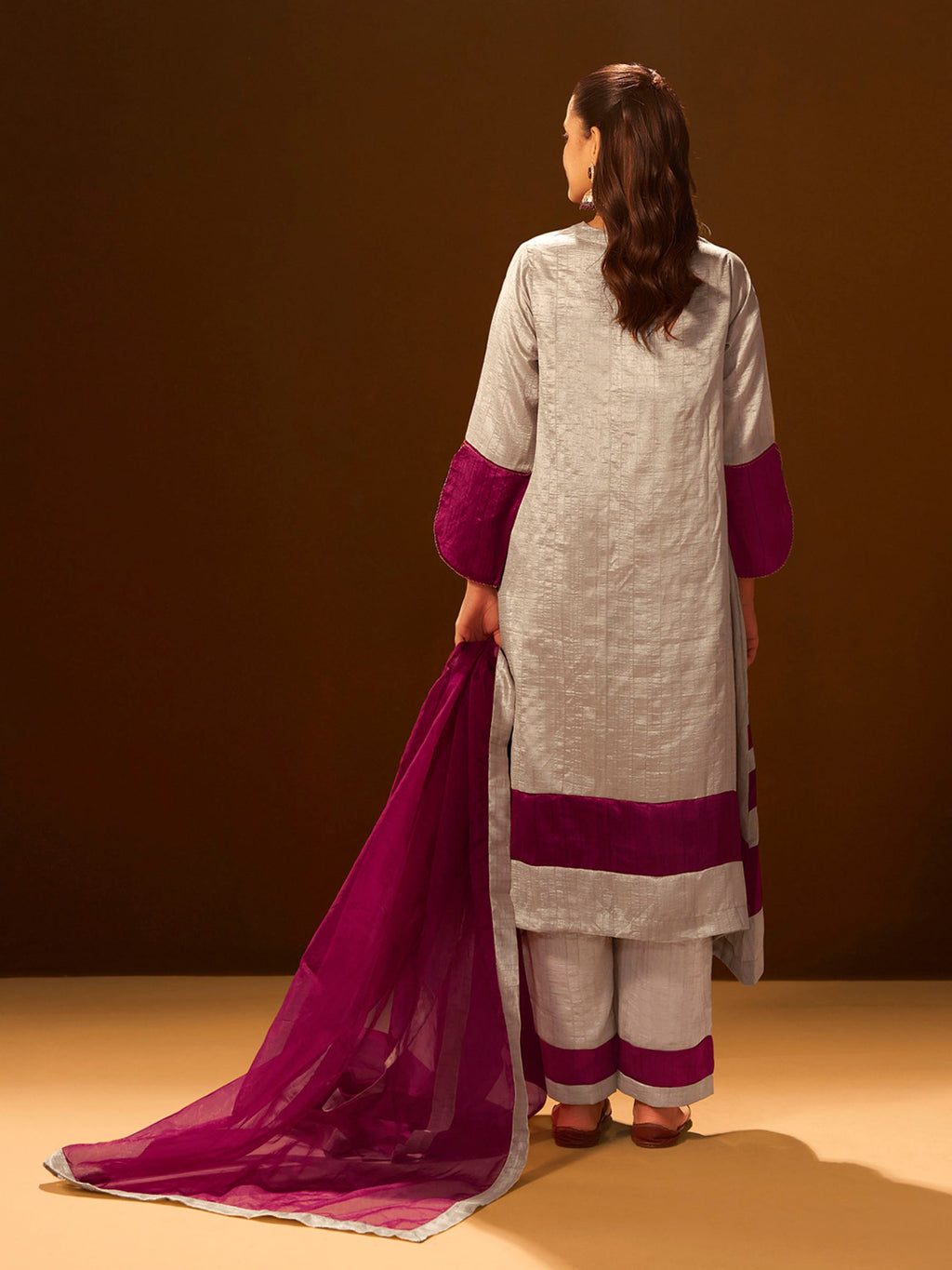 Regal Beige & Maroon Embroidered Silk Suit Set with Dupatta