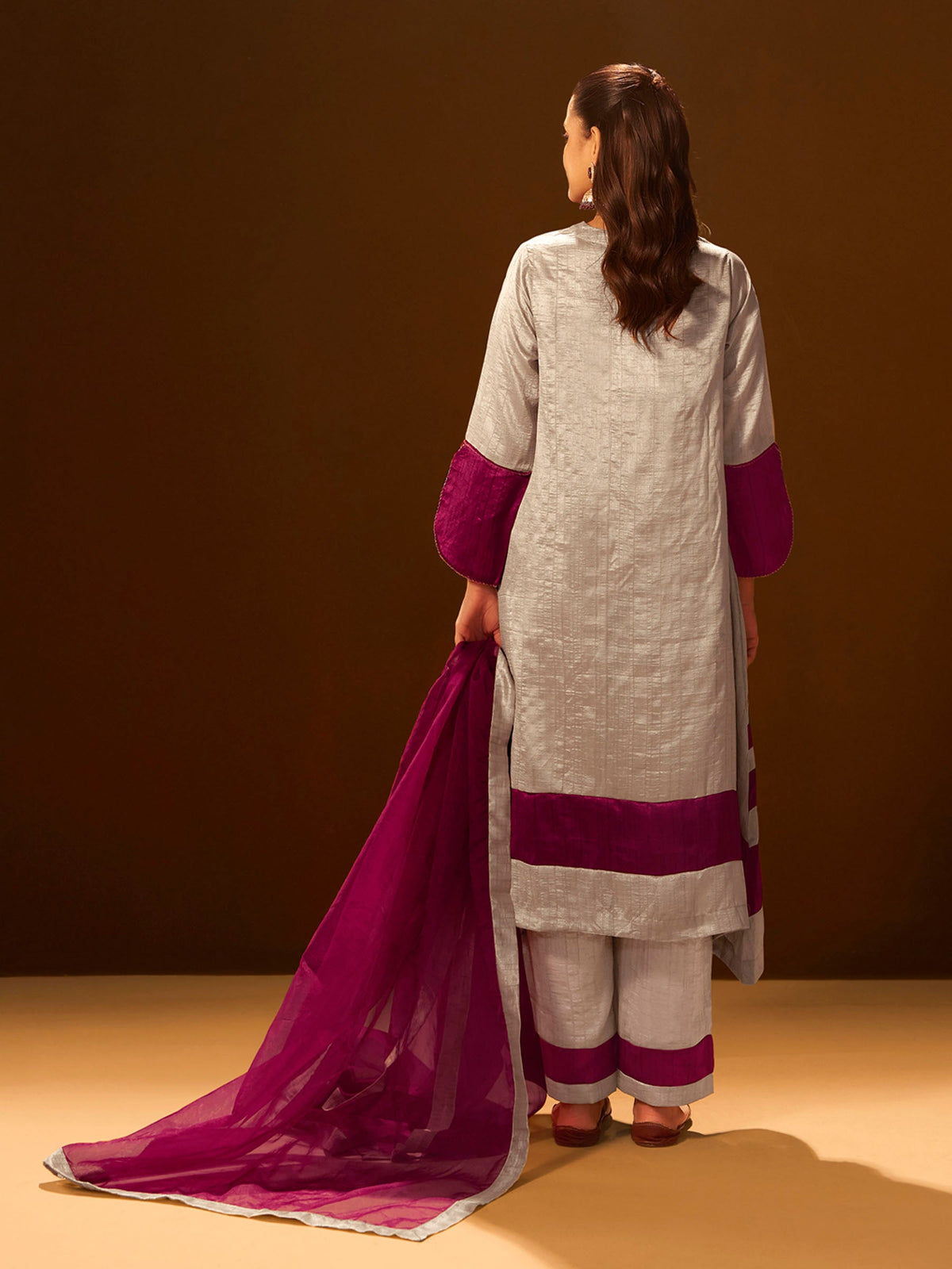 Regal Beige & Maroon Embroidered Silk Suit Set with Dupatta