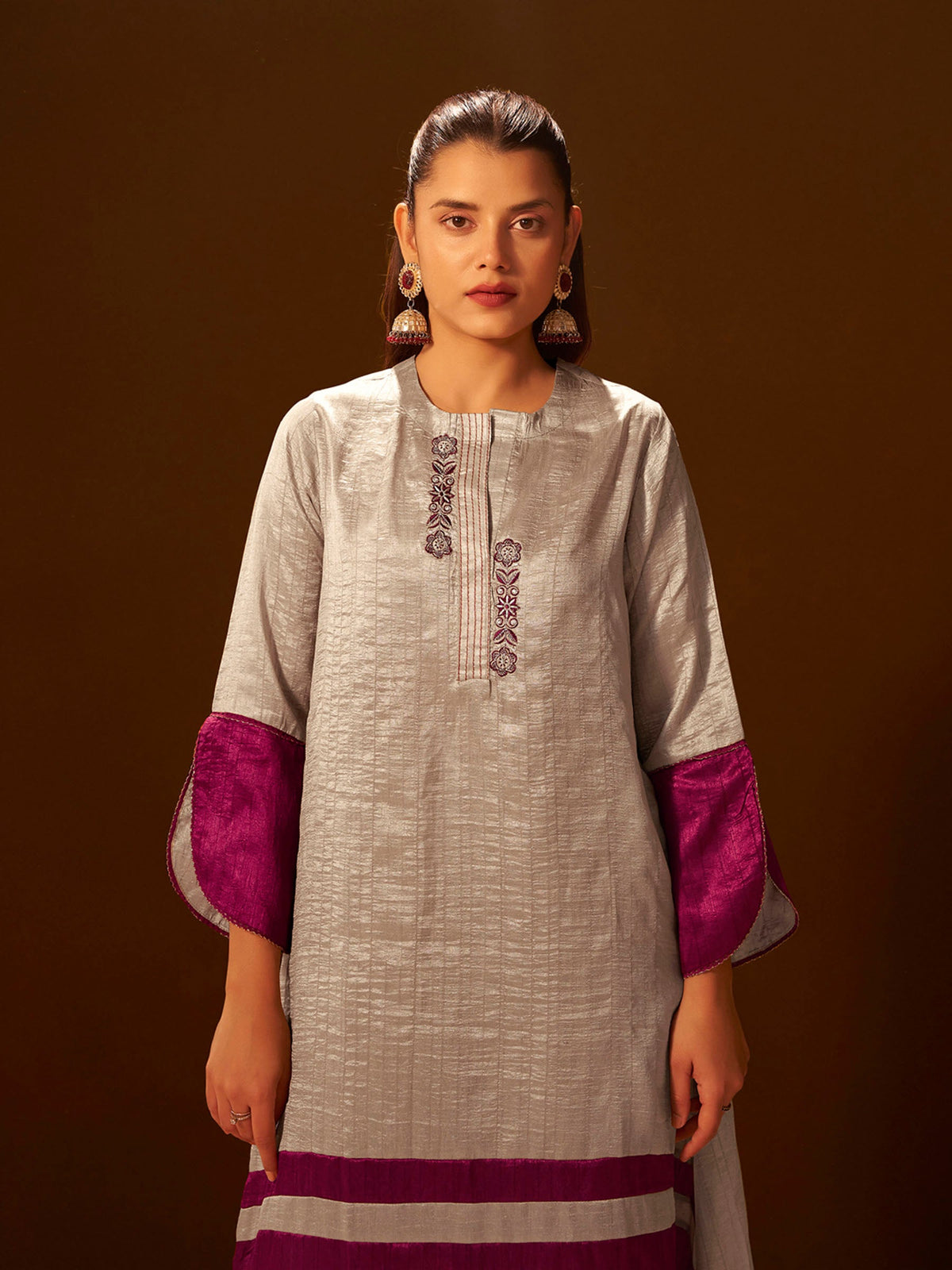 Regal Beige & Maroon Embroidered Silk Suit Set with Dupatta