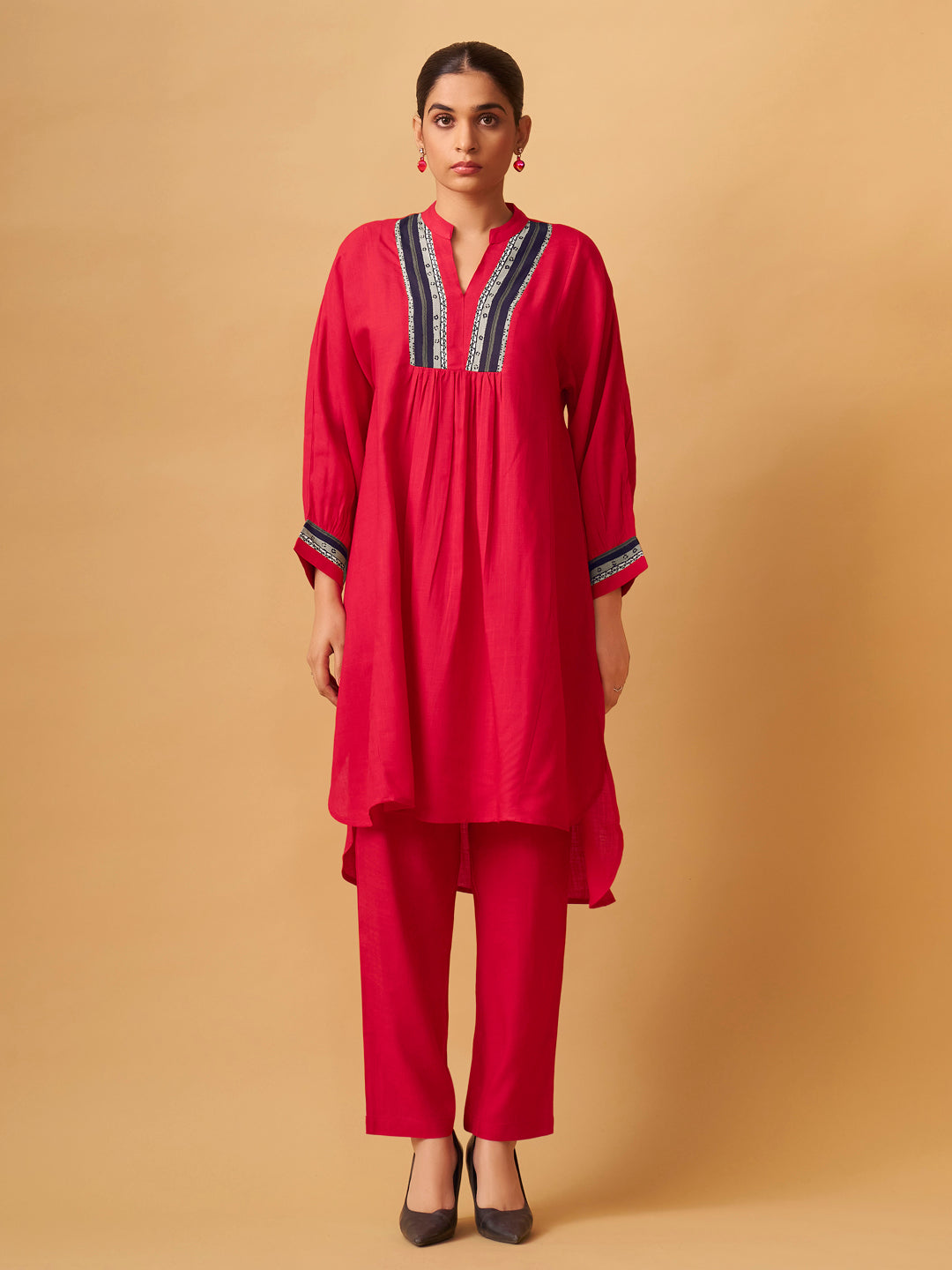 Bold Red Rayon Slub Contemporary Kurta Set