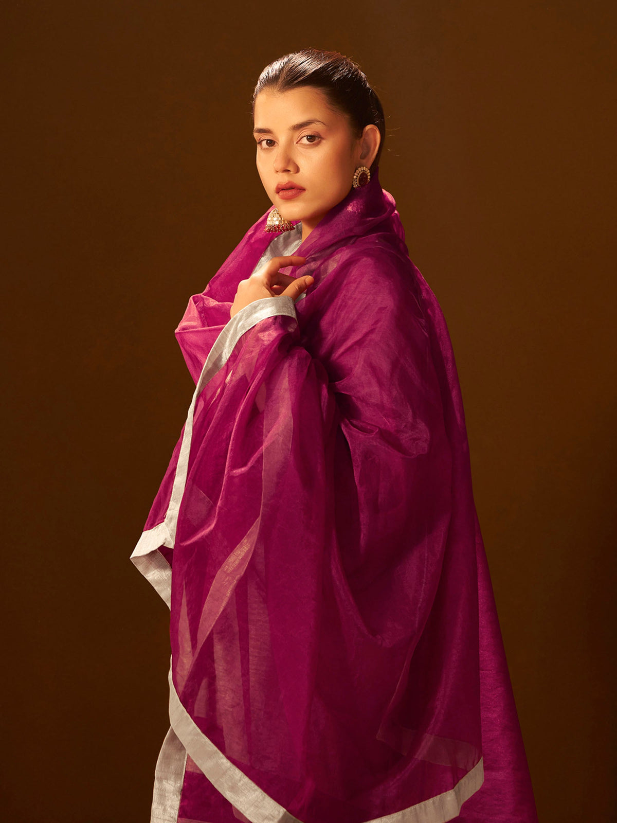 Regal Beige & Maroon Embroidered Silk Suit Set with Dupatta
