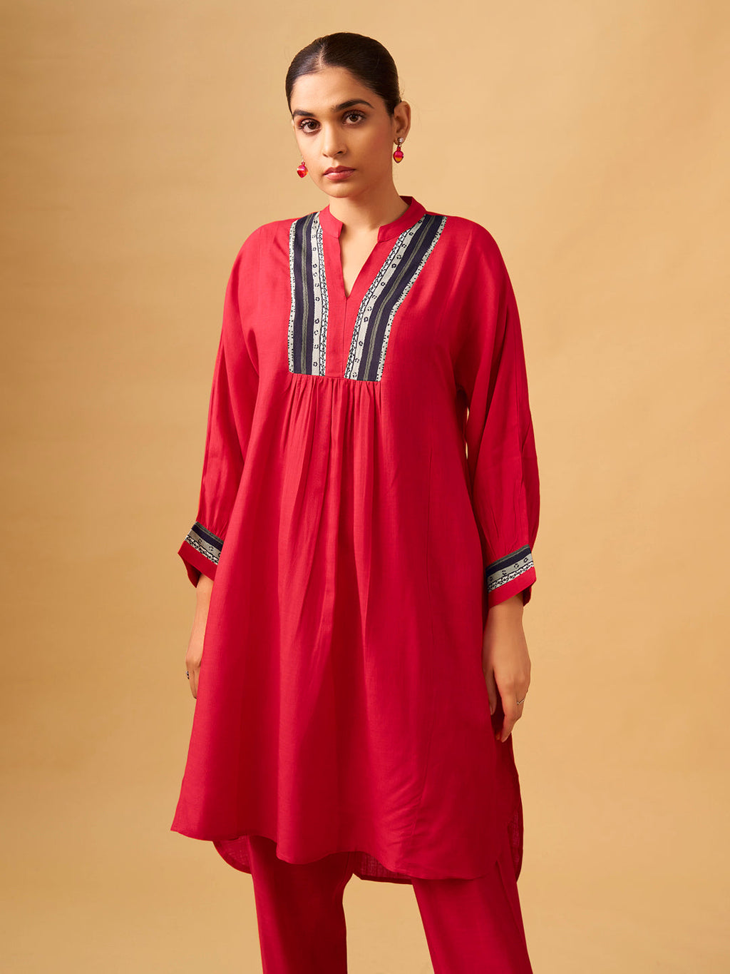 Bold Red Rayon Slub Contemporary Kurta Set