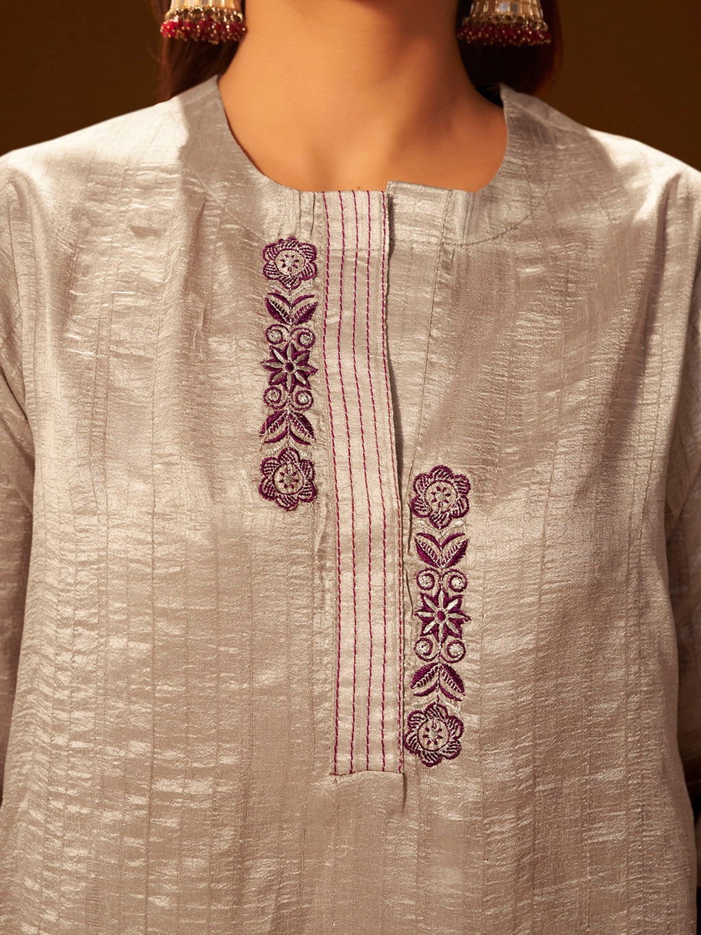 Regal Beige & Maroon Embroidered Silk Suit Set with Dupatta