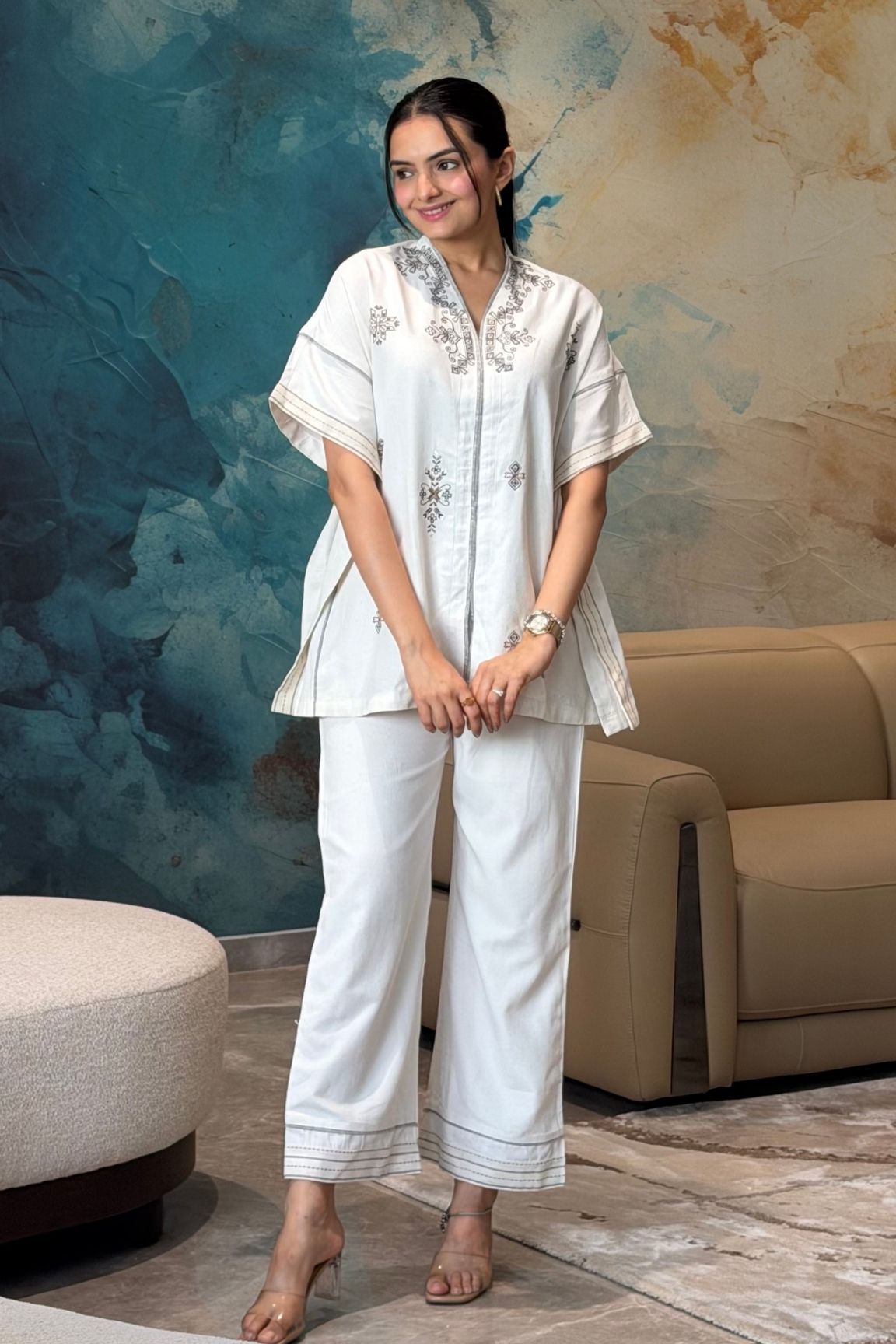 Off-White Embroidered Co-ord Set