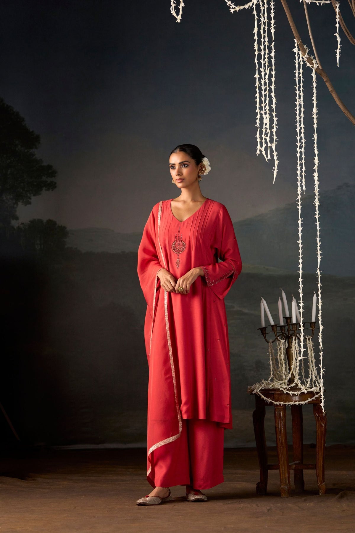 Chandbali Coral Embroidered Anarkali Suit Set with Dupatta