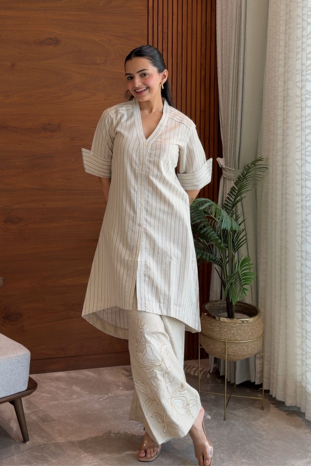Striped Beige Embroidered Kurta Set