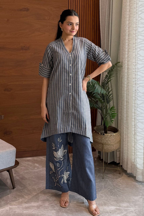 Blue Striped Embroidered Cotton Kurta Set