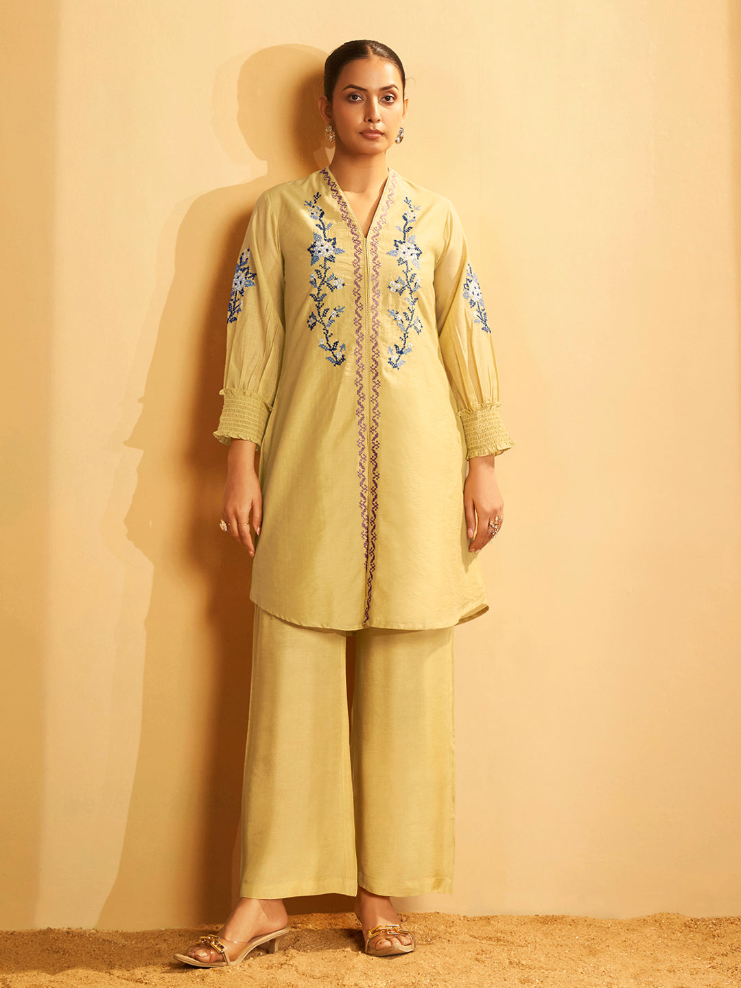 Yellow Floral Embroidered Cotton Kurta Set