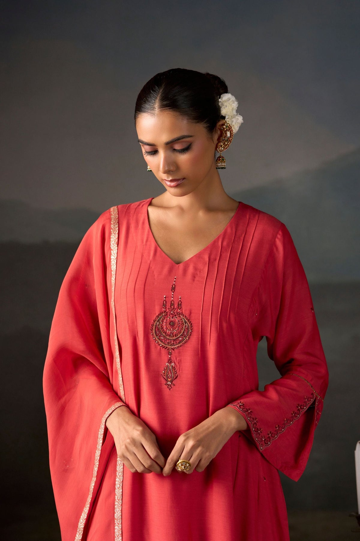 Chandbali Coral Embroidered Anarkali Suit Set with Dupatta