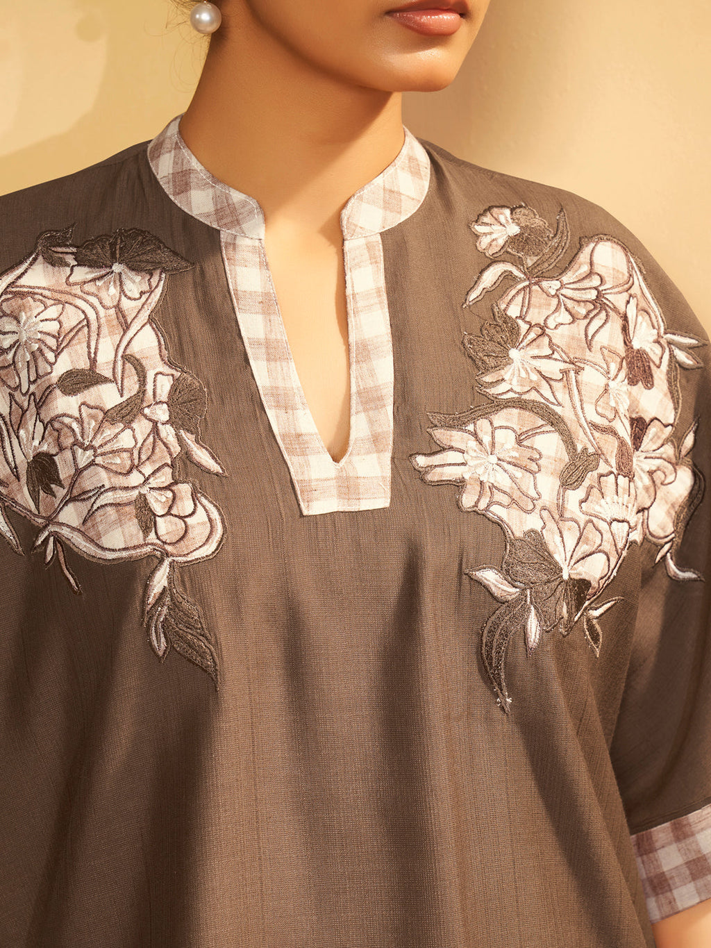 Chocolate Brown Embroidered V-Neck Co-ord Set