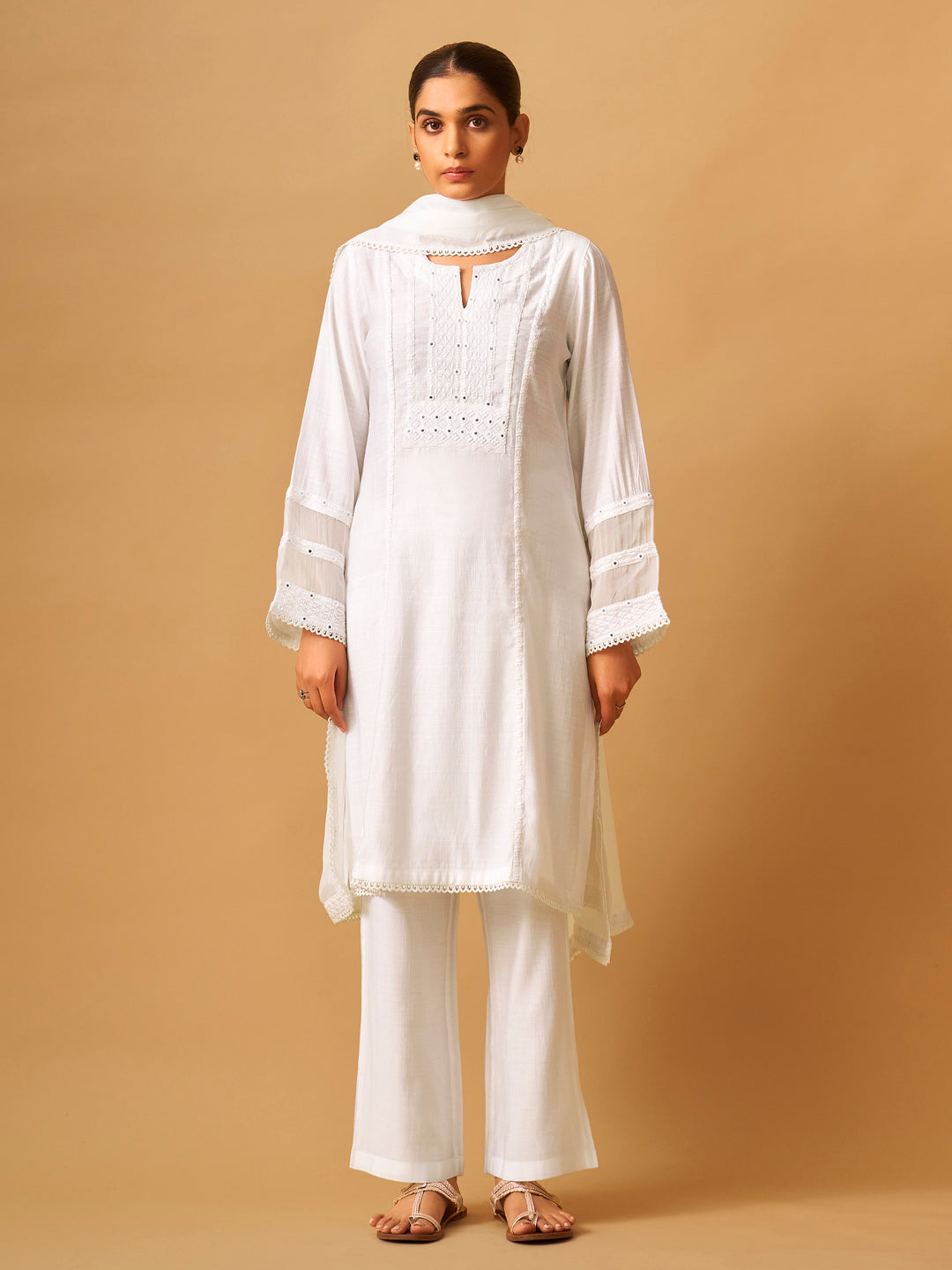 Classic White Viscose Blend Kurta Set with Organza Dupatta