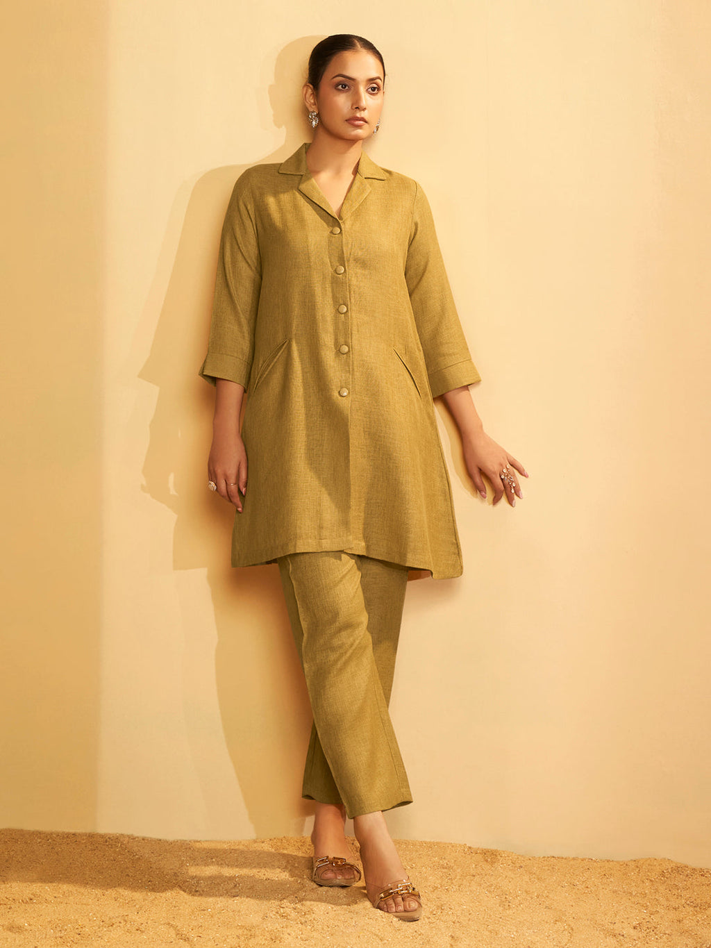 Mustard Linen Blend Button-Down Kurta Set