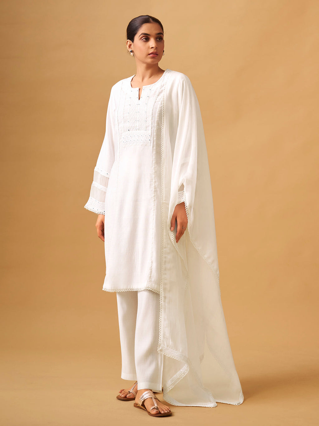 Classic White Viscose Blend Kurta Set with Organza Dupatta
