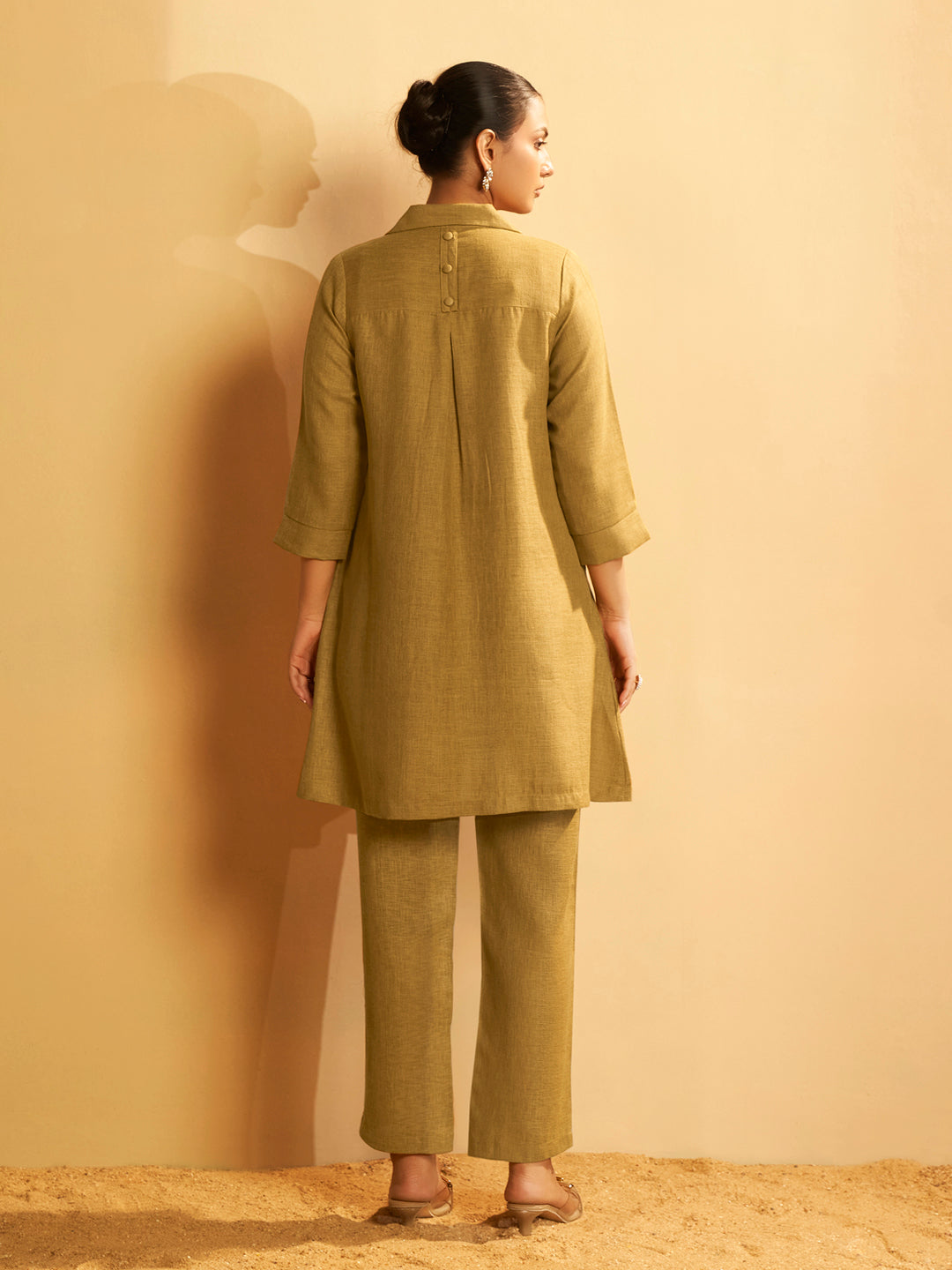 Mustard Linen Blend Button-Down Kurta Set