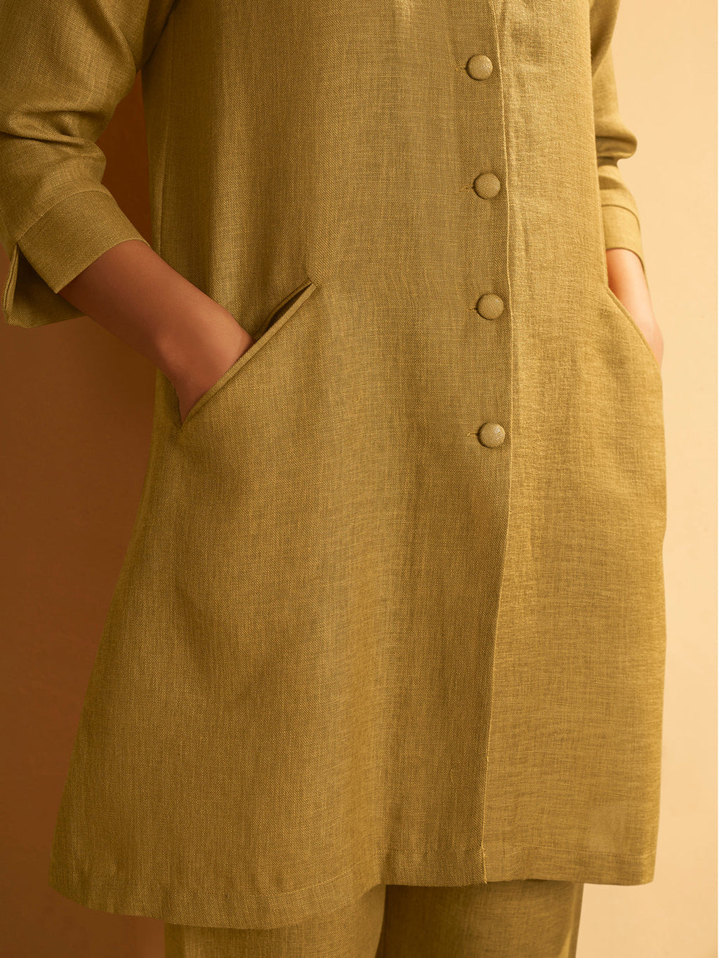 Mustard Linen Blend Button-Down Kurta Set