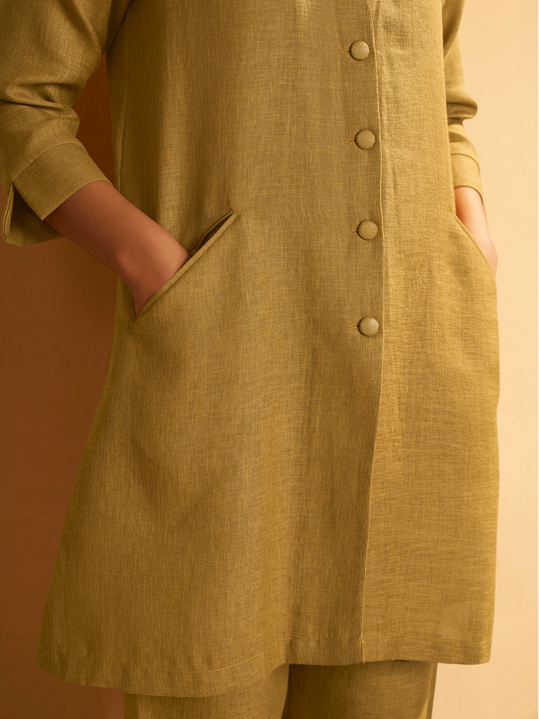Mustard Linen Blend Button-Down Kurta Set