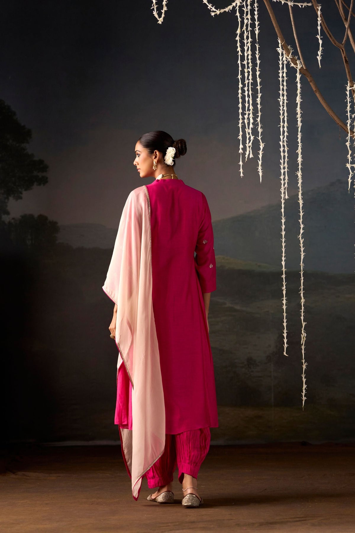 Rani Pink Lotus Booti Anarkali Suit Set with Dupatta