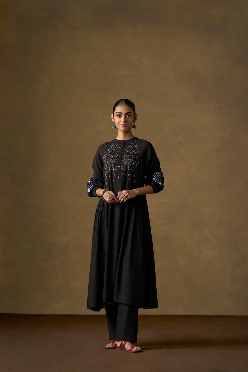 Onyx Black Embroidered Tiered Long Co-ord Set