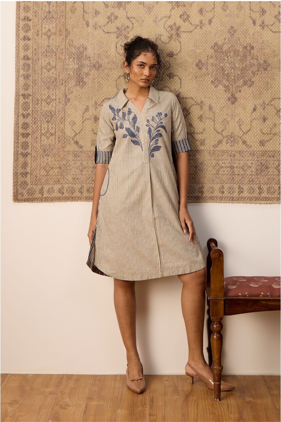 Beige & Blue Striped Embroidered Shirt Dress