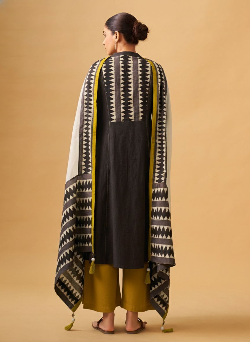 Coffee  Embroidered Cotton Kurta Set with Printed Dupatta