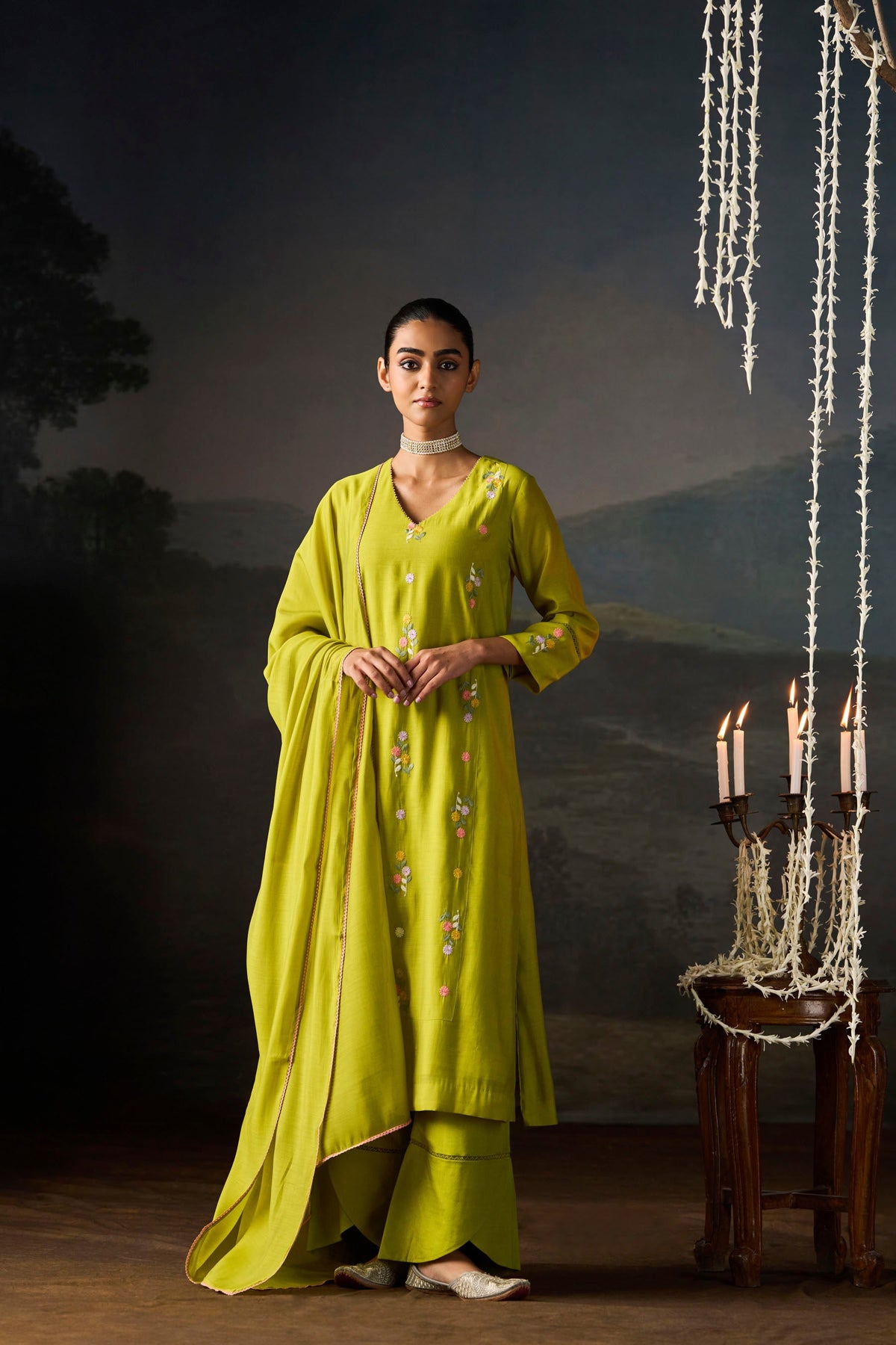Lime Green Floral Embroidered Kurta Set