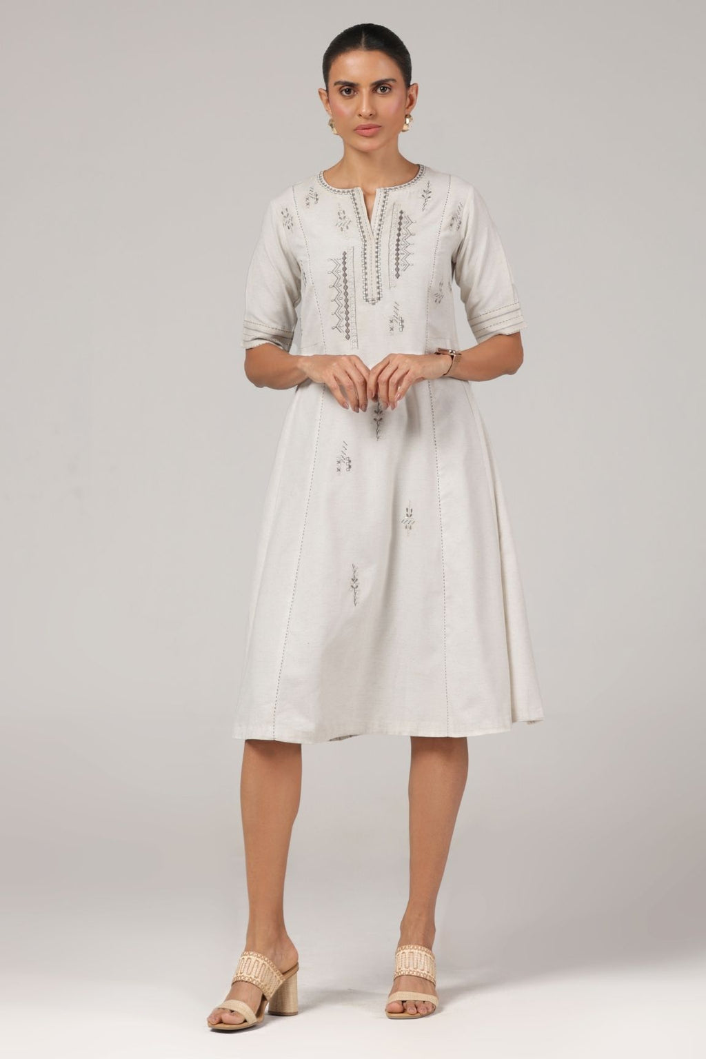 Off-White Embroidered A-Line Cotton Dress