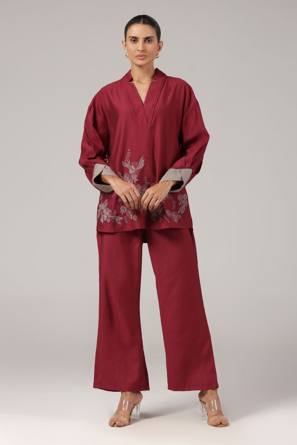 Wine Floral Embroidered Relaxed Co-ord Set