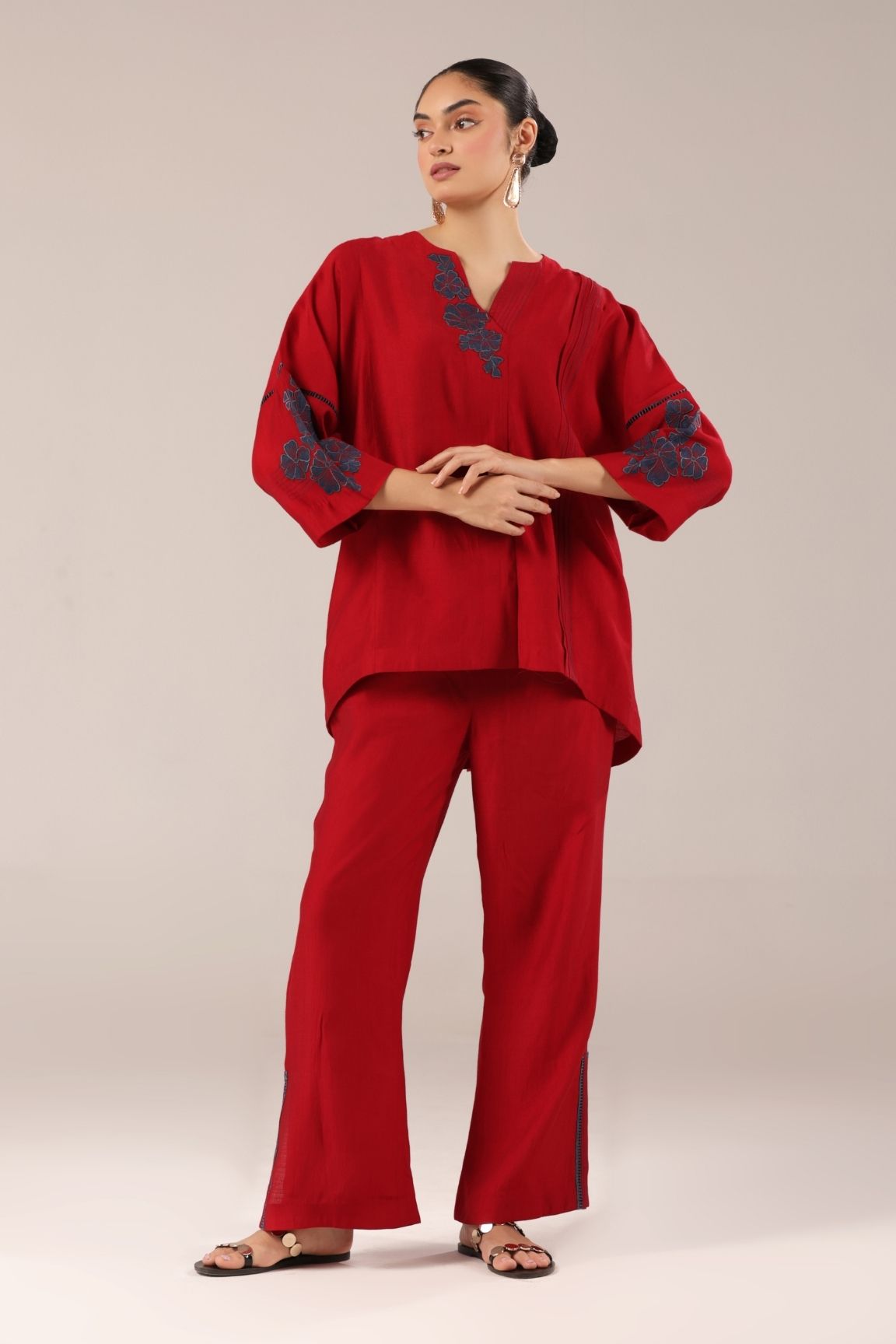 Red Floral Embroidered Relaxed Co-ord Set