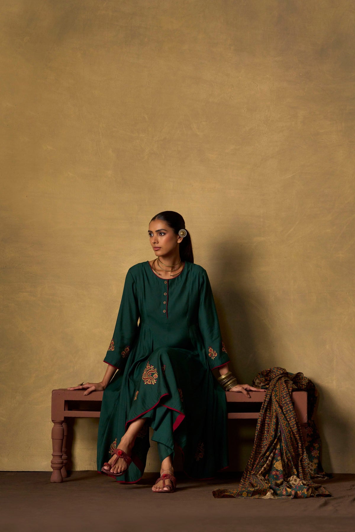 Emerald Ease Embroidered Kurta Set with Printed Dupatta