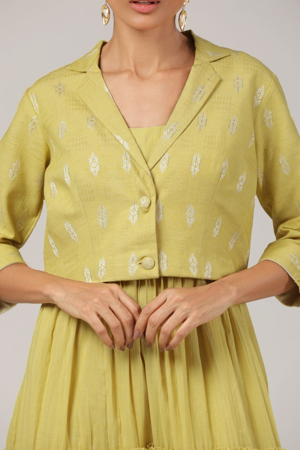 Mustard Cotton-Lurex Blazer & Tiered Dress Set